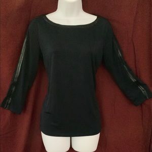Ann Taylor Navy Leather Trim Blouse